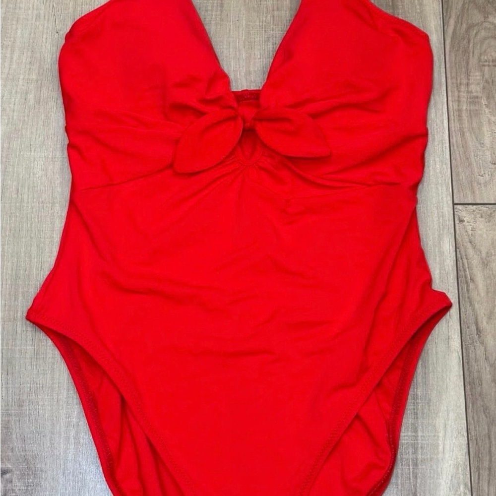 Robin Piccone Aubrey Plunge Neck Tie-Front One Piece Swimsuit Fiery Red Size 12